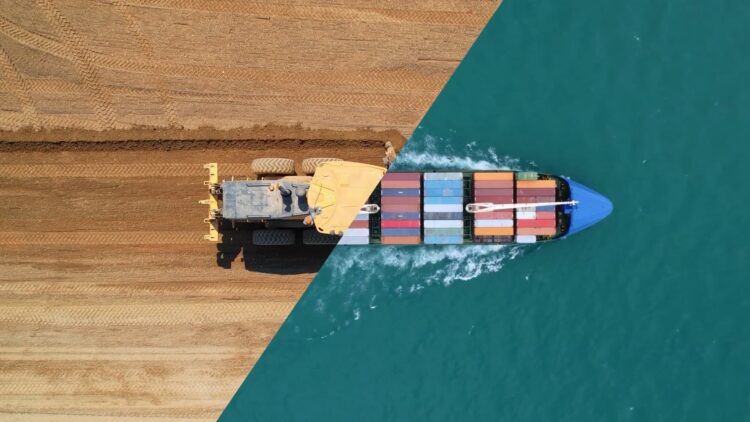 Half and half image made up of a lorry on sand and a cargo boat on water